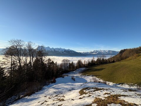 Foggy day over the rhine valley seen from Triesenberg in Liechtenstein 2.12.2025