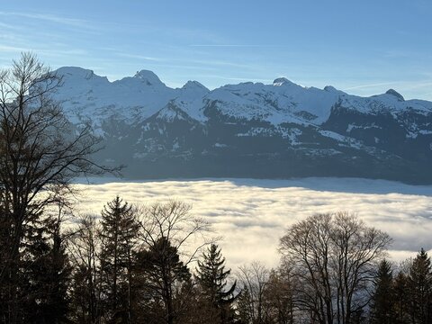 Foggy day over the rhine valley seen from Triesenberg in Liechtenstein 2.12.2025