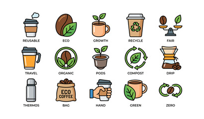 Naklejka premium Eco-friendly coffee icons: reusable cups, organic growth, compostable packaging, and sustainable practices