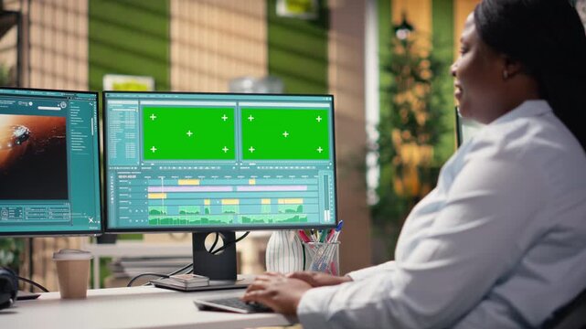 Mockup and AI generated video of the planet Mars displayed on dual monitors, scene shows woman using PC with artificial intelligence tools and neural networks for extraterrestrial space visuals.