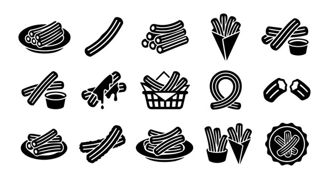 Churros Silhouettes Set Spanish Dessert Street Food Icons Collection Black Vector