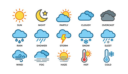 Obraz premium Weather icons set featuring sun, clouds, rain, storm, snow, and temperature symbols