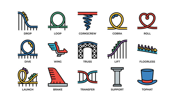 Amusement park roller coaster element icons including loop and corkscrew