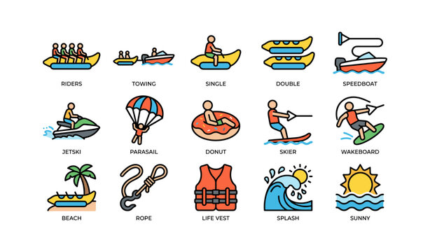 Summer water sports: parasailing, kayaking, jet skiing, and more cartoon icons
