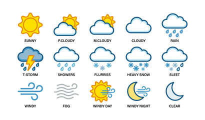 Obraz premium Weather icons set: sun, clouds, rain, t-storms, snow, winds, moon phases