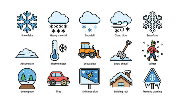 Winter symbols and activities: snowflakes, snowfall, snowplow, and winter gear icons
