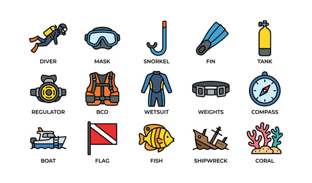 Scuba diving gear icons including diver mask snorkel and fins