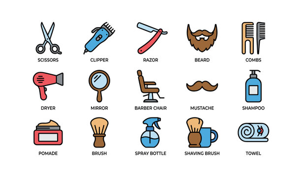 Barber tools collection: scissors, clippers, razors, beard combs, mirrors, towels