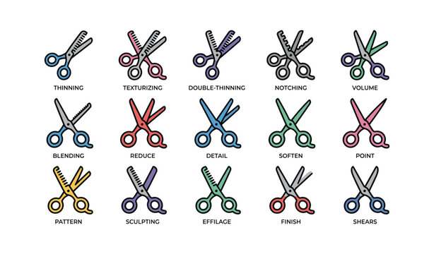 Colorful hair cutting scissors set with various blade designs for styling