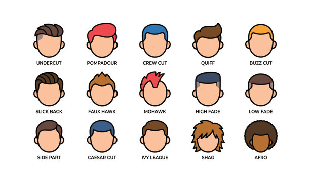 Illustrated hairstyles chart featuring diverse male haircuts