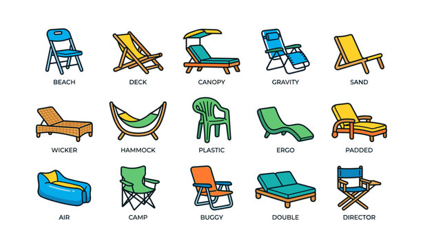 Variety of outdoor chairs: beach, deck, canopy, and more