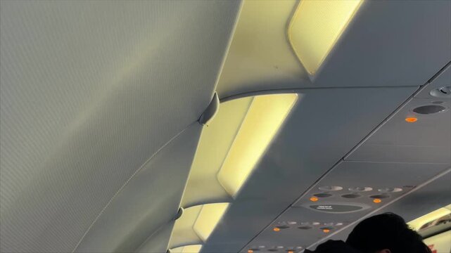 Dynamic View of Modern Airliner Interior, Illumination, Passenger Comfort Systems, and Overhead
