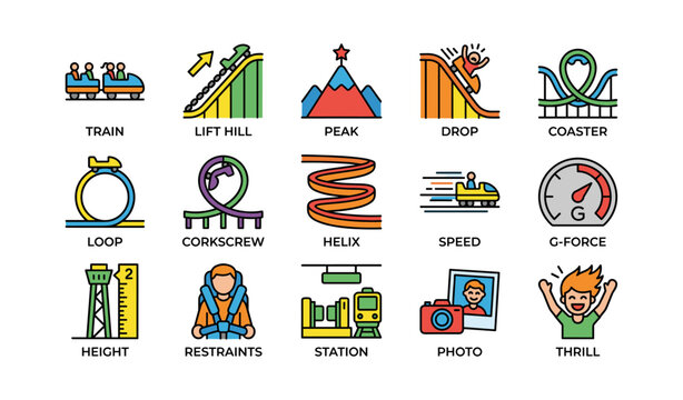 Roller coaster icon set featuring train, peak, coaster, thrill, restraints