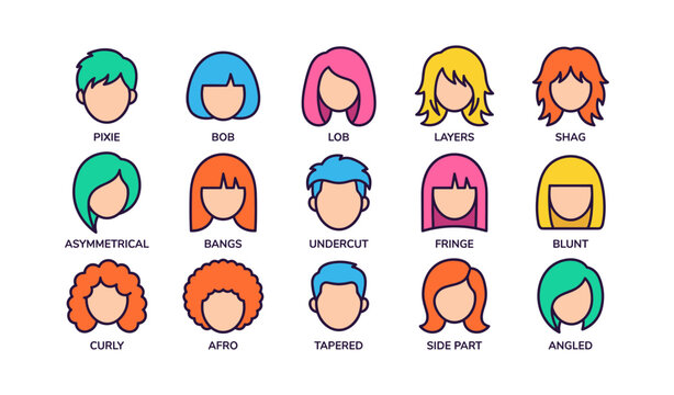 Colorful cartoon hairstyles chart featuring diverse cuts and styles