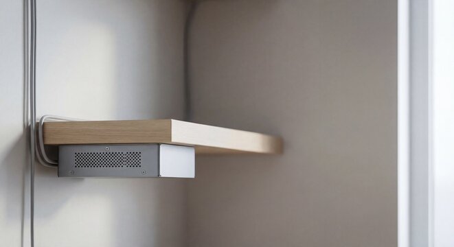 Vented electronics box mounted under wooden desk in office corner