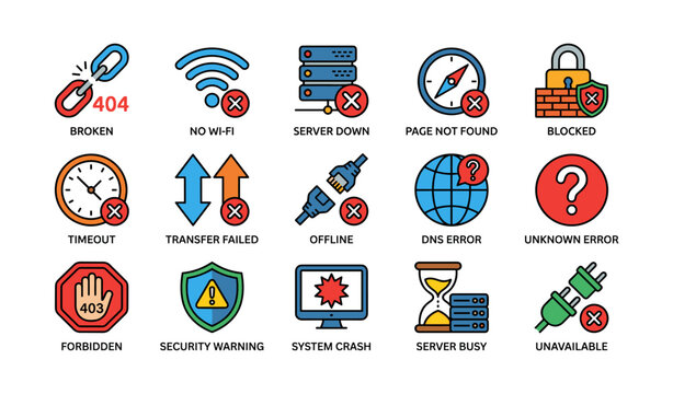 Colored icons representing various internet and server error messages