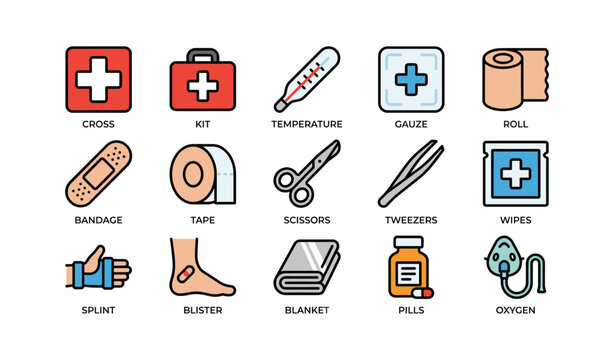 First aid kit essentials including cross scissors bandage pills and oxygen