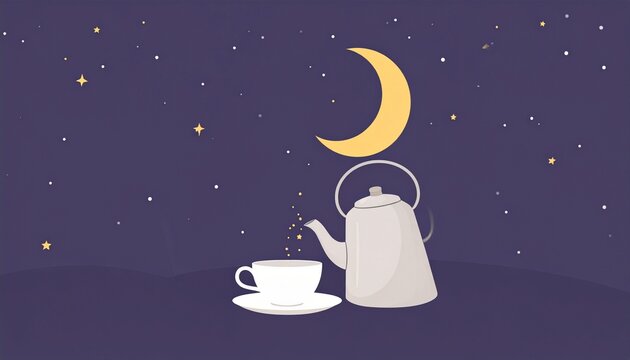 starry night tea time surreal minimalist kettle and moon illustration