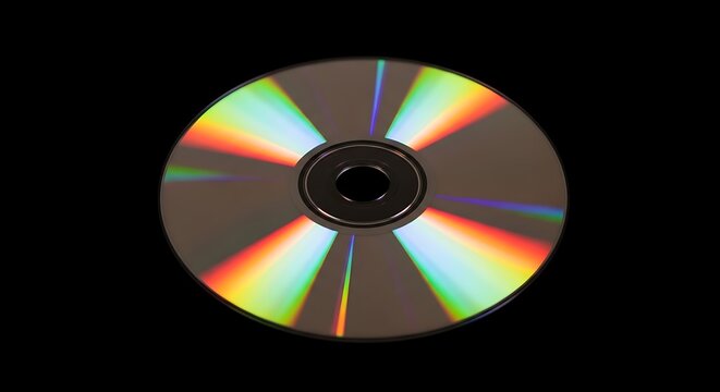 Reflective CD/DVD optical disc with multicolored diffraction pattern against a black background