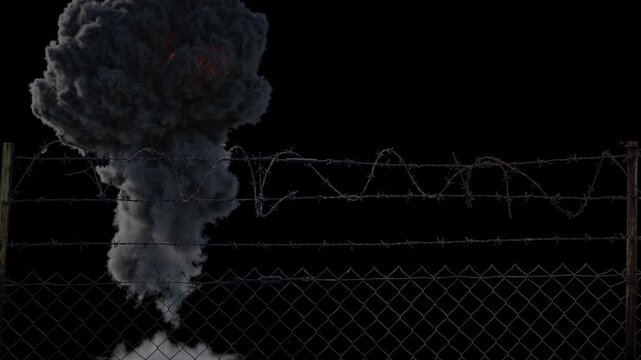 Large ground explosion behind wire fence