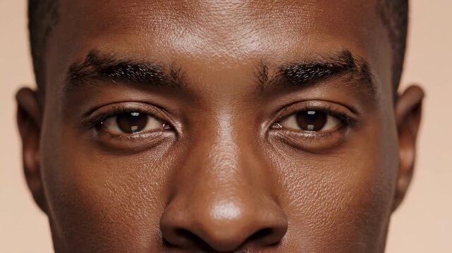 A close-up portrait of a man's eyes and nose with a neutral expression and smooth skin, conveying a sense of calmness and serenity, ideal for use in m