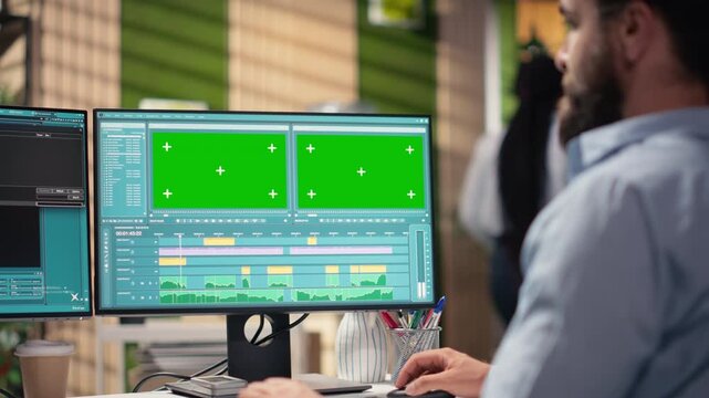 Green screen generative AI text to video with Mars surface footage, man at computer monitors machine learning processes and artificial intelligence systems producing outer space videos.