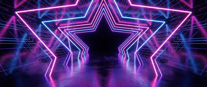 Fundo abstrato com t&uacute;nel de estrelas em luzes neon brilhantes rosa e azul, design retro futurista.