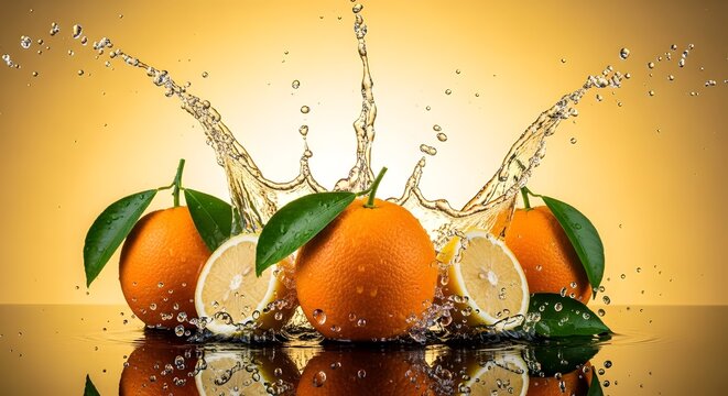 Cipratan air dinamis pada buah jeruk dan lemon segar dengan latar belakang kuning