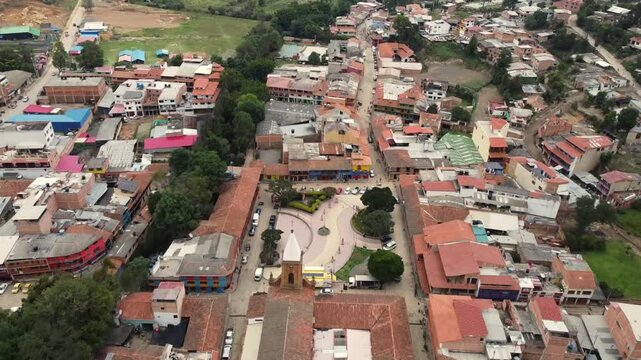 Raquira, Boyaca - Colombia. March 10, 2026. Panoramic drone view of the municipality located 55.5 kilometers from Tunja.