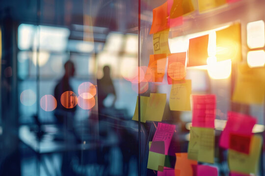 colorful ceative sticky note from business teamwork on brainstorming board in front of meeting room office.