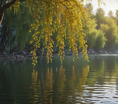 willow branches swaying gently on lake surface,  serene landscape,  water