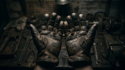 Naklejka premium Dirty work hands on tools background