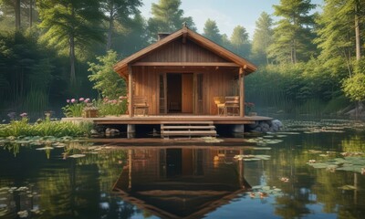 Fototapeta premium Wooden sauna house on a lake bridge with water lilies, nature, relaxing