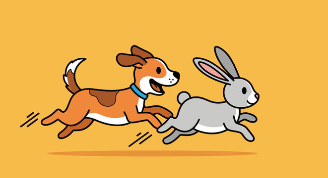 Dog and rabbit running side by side.