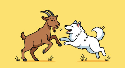 Fototapeta premium Brown goat and white dog playing.