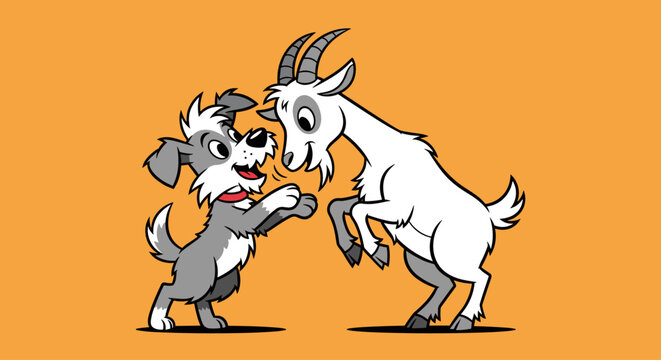 Dog and goat play fighting outside.