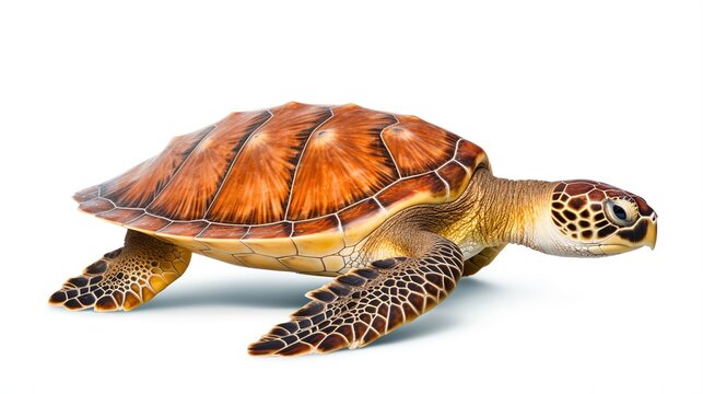 Colorful orange-brown sea turtle with patterned shell gliding past in a studio portrait