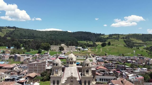 Santa Rosa de Viterbo, Boyaca - Colombia. February 27, 2026. Panoramic drone view of the town's main church.