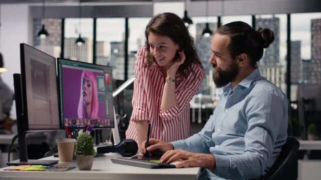 Photo editing software, two photographers team, using color grading, retouching techniques used for commercial materials within advertising agency studio. Image selection on computer.
