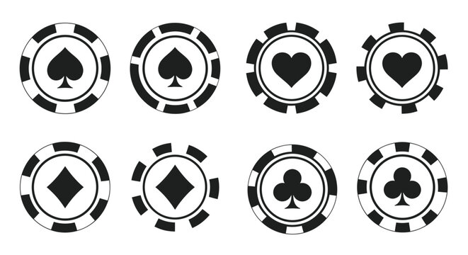 Poker Chip Card Suits Icons Set: Spades, Hearts, Diamonds, Clubs