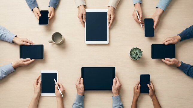a group of people holding their ipads in a circle