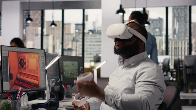 VR glasses cyberspace, game developer, working on video game in space, dual monitors, designing virtual assets and creating futuristic virtual world. Using high-tech gadgets with software.