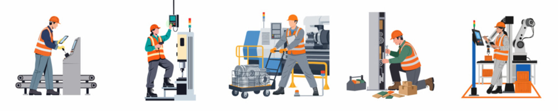 Set of diverse industrial workers operating modern machinery, robotic arms, and performing maintenance tasks in a factory environment, isolated on white.
