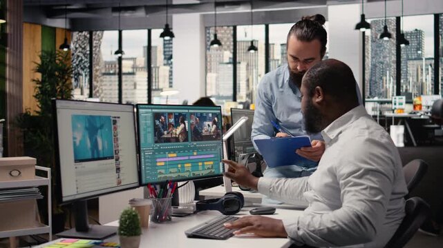 Video footage, diverse filmmakers editing, PC software toolbar, in agency office, creative process includes cutting raw clips for cinematic transitions and color grading for post production.