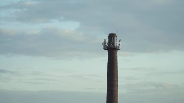 A tall brick industrial chimney rises against a cloudy sky. Mobile network antennas are attached to the structure as birds circle in flight during a gloomy spring day. 