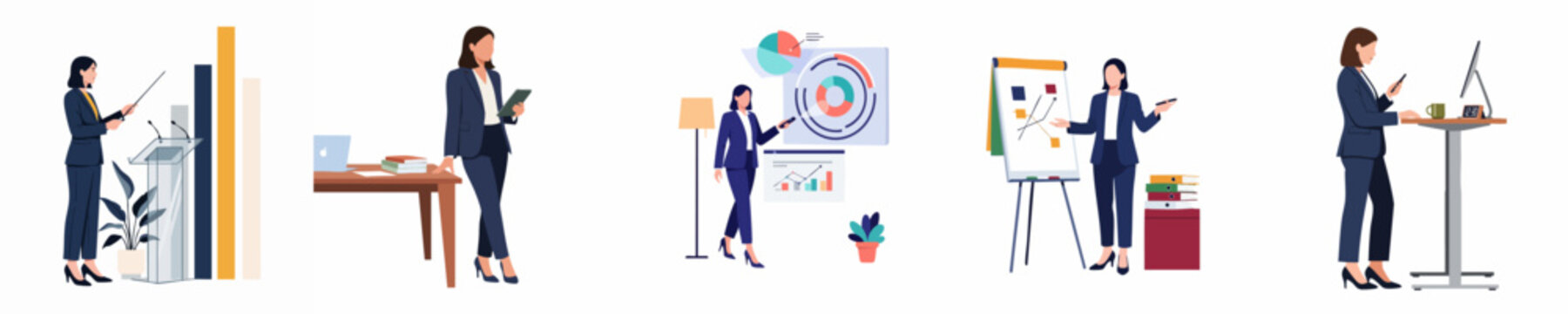 Flat vector illustration set of a professional businesswoman giving presentations, analyzing data, and working in modern office environments using various digital tools.