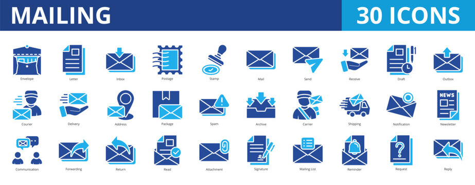 Mailing icon pack collection set with letter, send, receive, delivery, address, , business, information, package, archive, shipping, notification, communication, discussion, document, administration