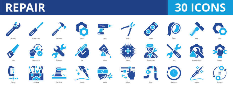 Repair icon pack collection set with wrench, screwdriver, gear, drill, fix, tool, troubleshoot, maintenance, service, work safety, mechanic, workshop, technician, engineer, construction, industrial