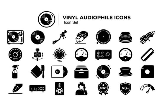Vinyl Record Audiophile Culture Icon Set Stylus Needle Tonearm Arc Turntable Platter Record Sleeve RPM Dial Anti-Skate Phono Preamp VTA Adjustment Cleaning Brush Grade Badge