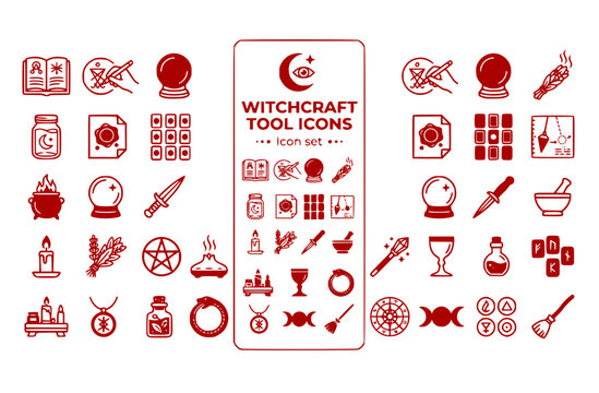 Witchcraft Modern Occult Tool Icon Set Grimoire Sigil Scrying Mirror Smoke Cleansing Moon Water Wax Seal Tarot Spread Pendulum Dowse Vector Illustration